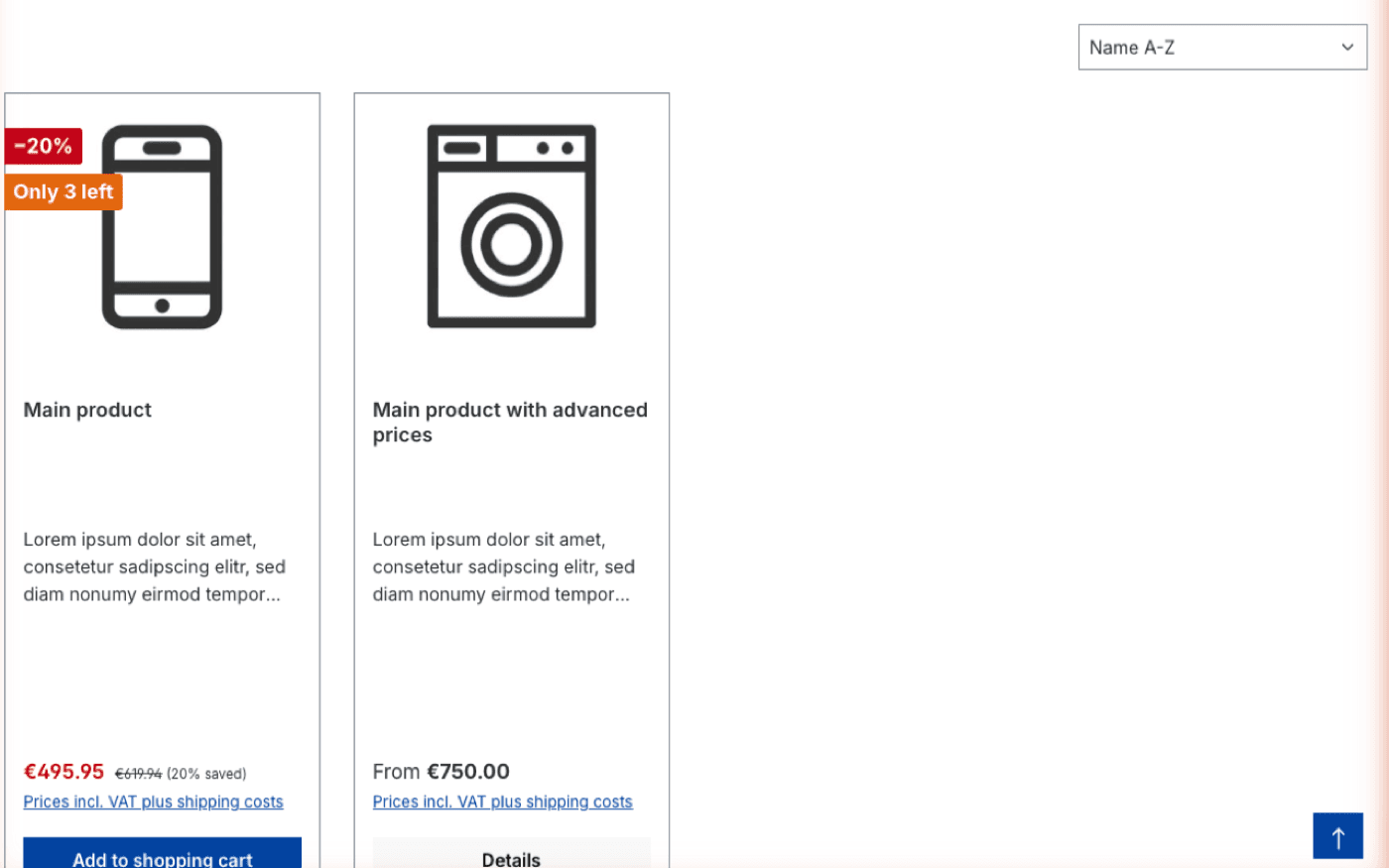 Lagerbestand- & Rabatt-Badge – Produktkachel im Listing mit „Nur noch 3"-Badge und echtem Rabatt von −20 %