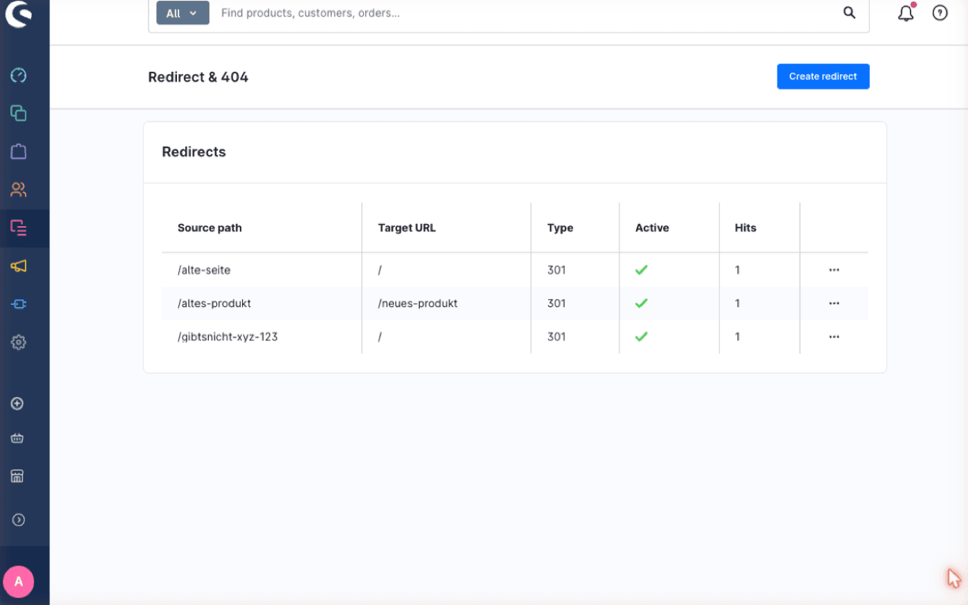 Redirect & 404 Manager – Liste der Weiterleitungen mit Quell-Pfad, Ziel-URL, Typ und Aufruf-Zähler