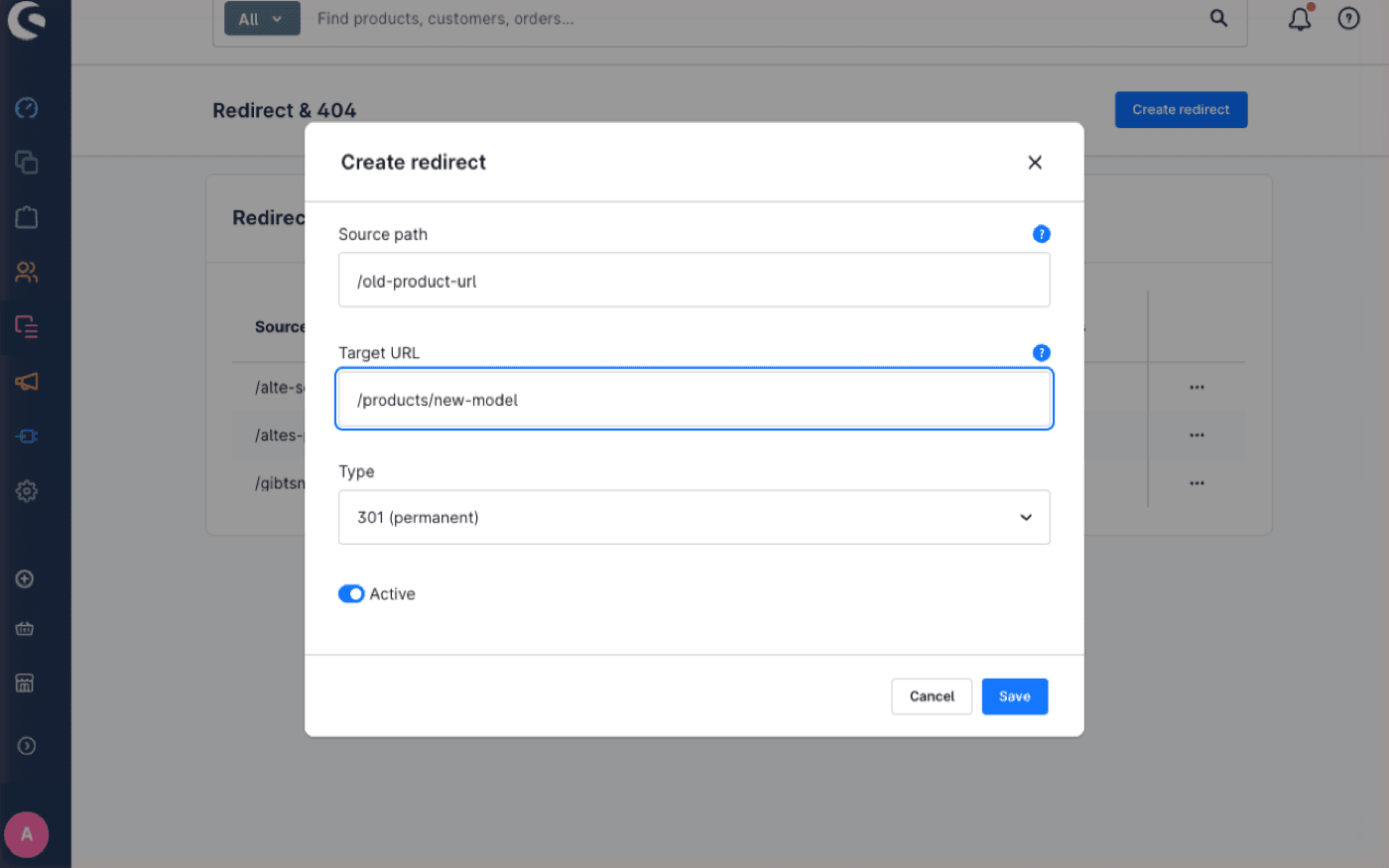 Redirect & 404 Manager – Dialog zum Anlegen einer neuen Weiterleitung